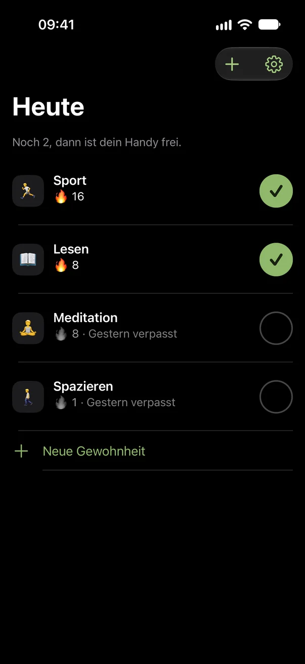 Die App mit vier guten Gewohnheiten. Sport und Lesen sind abgehakt. Meditation und Spazieren sind offen, gestern verpasst, ihre Flamme ist grau.