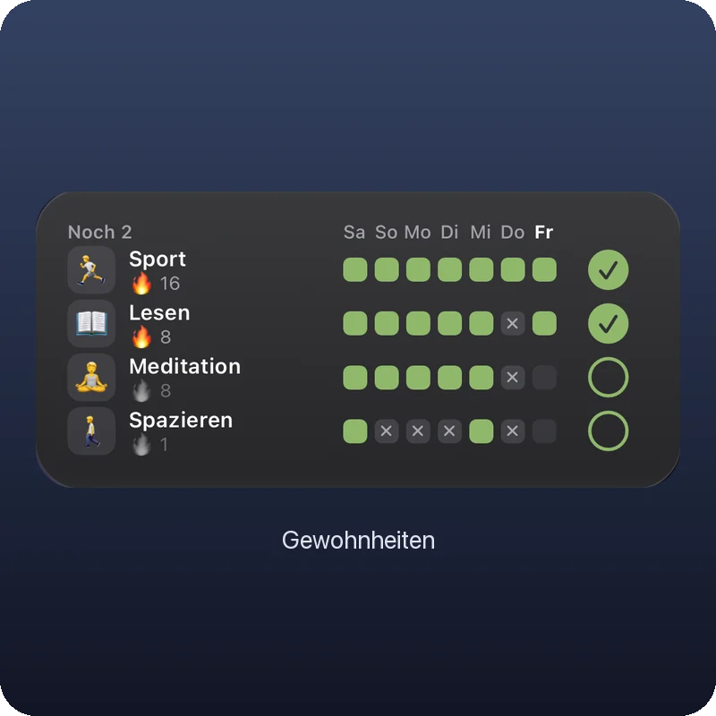 Die Anzeige auf dem Startbildschirm. Vier gute Gewohnheiten und die letzten sieben Tage, zwei davon heute abgehakt.
